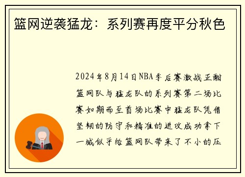 篮网逆袭猛龙：系列赛再度平分秋色